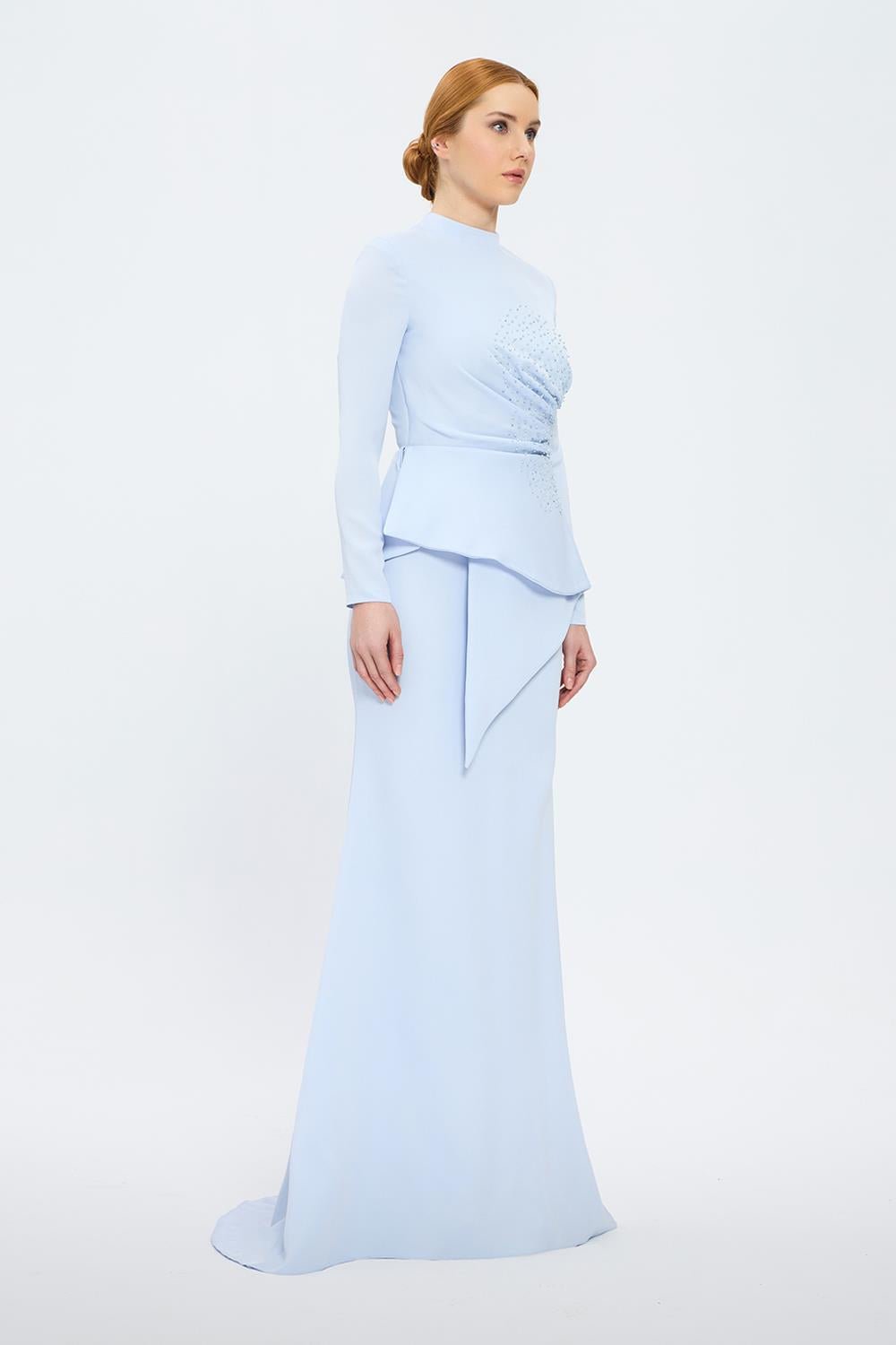 long-sleeve peplum gown with crystal draping – SERENE
