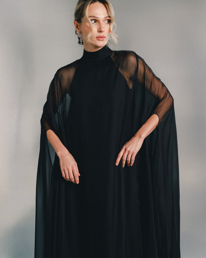 sheer cape maxi gown with high neckline – BLUSH