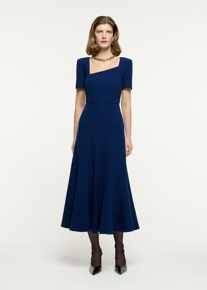 asymmetric neckline fit-and-flare midi dress – ISOLDE