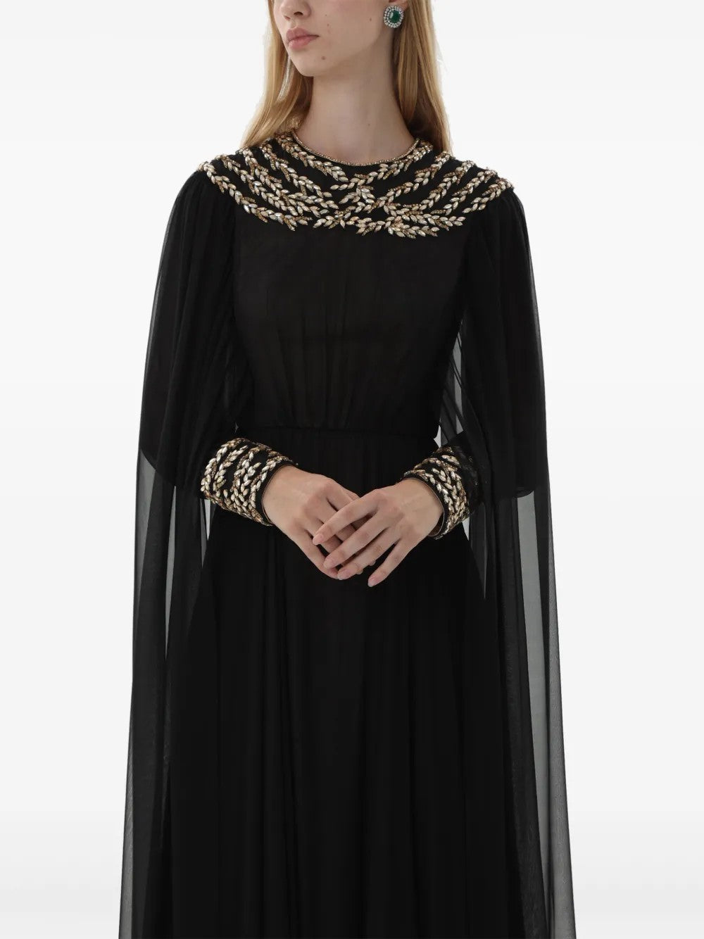 sheer cape gown with embellished neckline – NOIRS