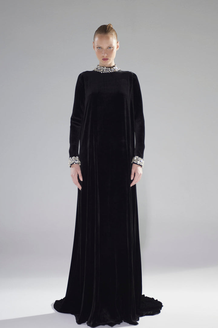 long-sleeve velvet column gown with crystal neckline – NOIRÉ