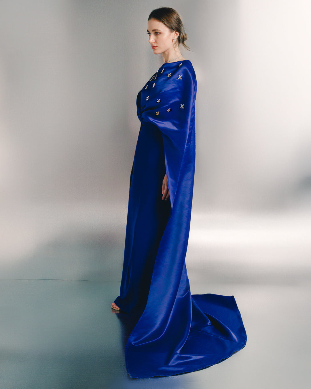 embellished satin cape evening gown – AZURELLE