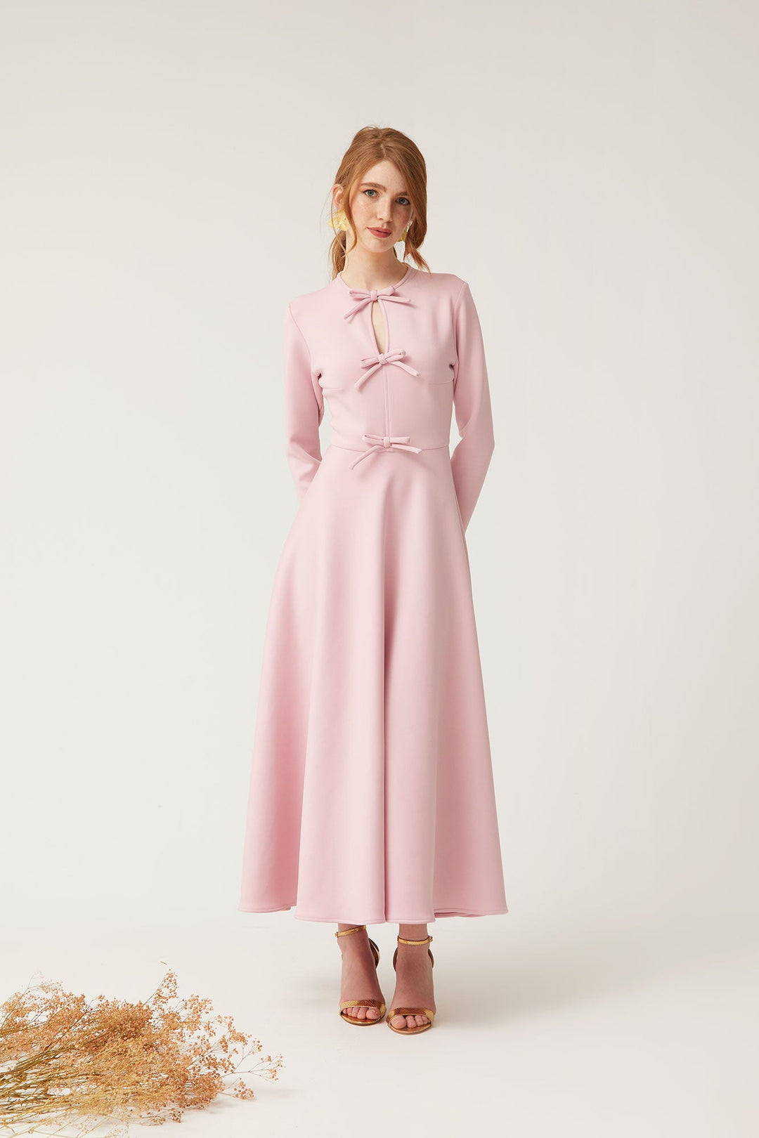long-sleeve midi dress with bow accents – VERENA