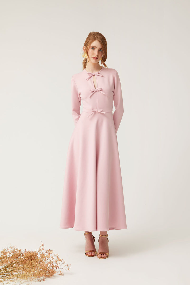 long-sleeve midi dress with bow accents – VERENA