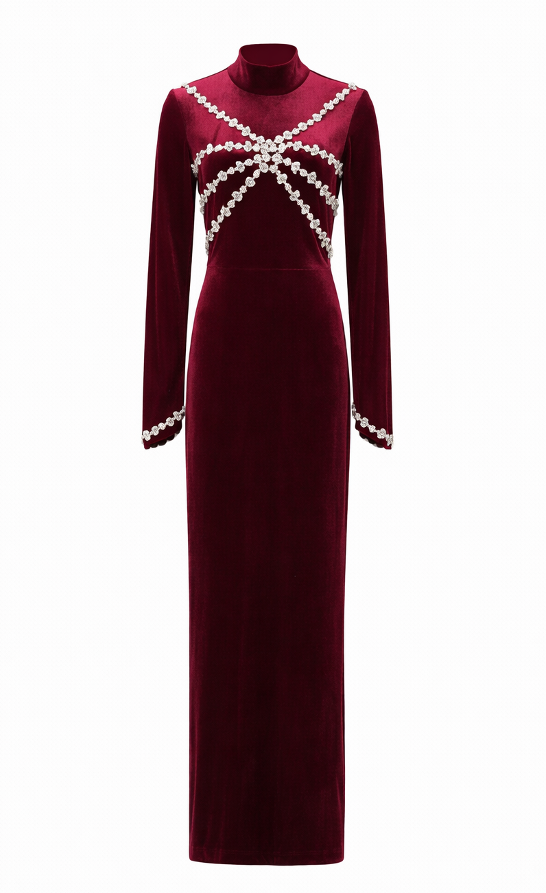 embellished velvet midi dress with crystal motif – NOCTURNE