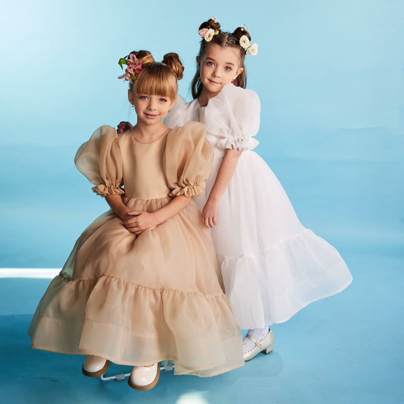 Long Black Tiered Organza Dress with Puff Sleeves – NOIR