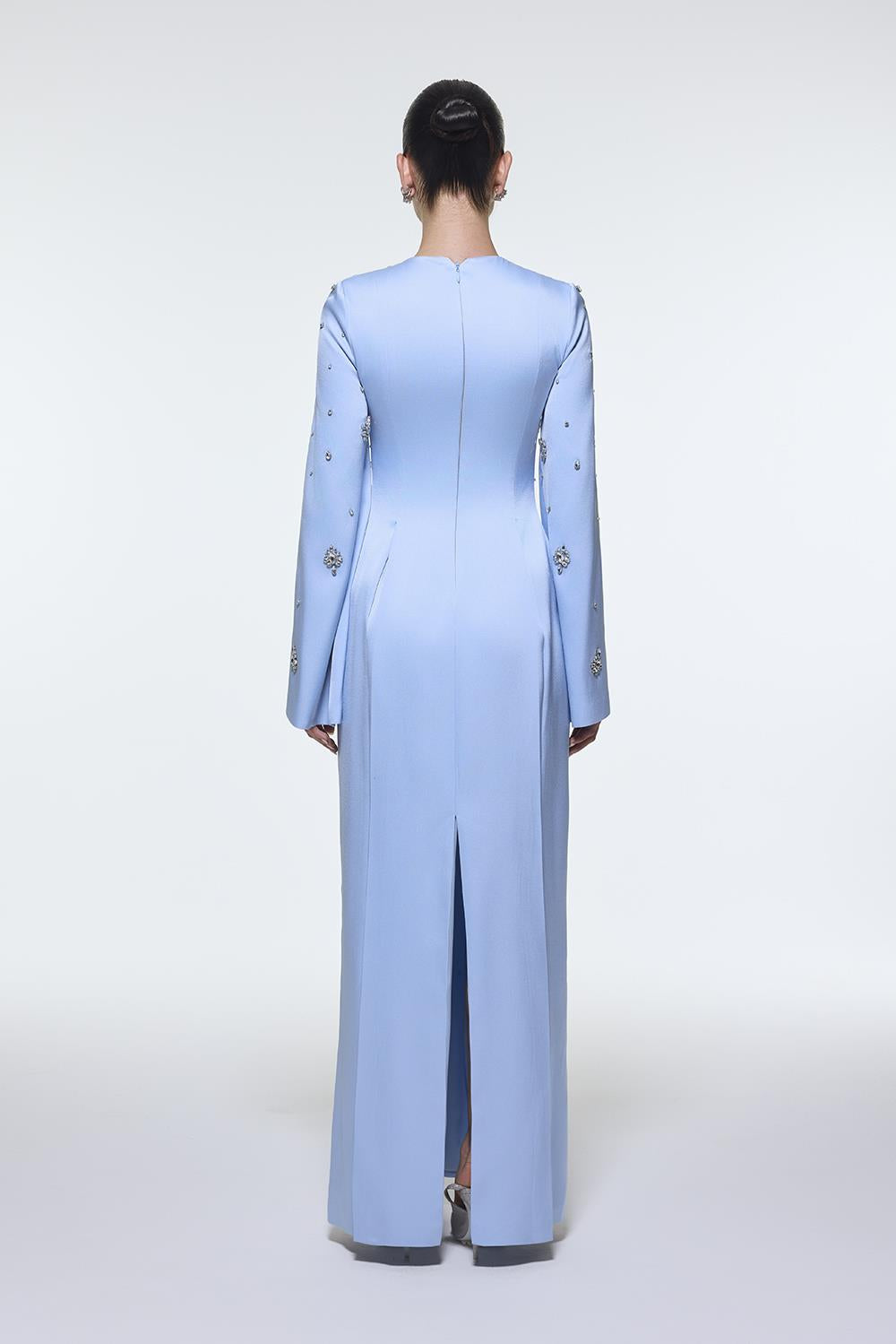 long-sleeve column gown with scattered crystal embellishments – NOIRÉ