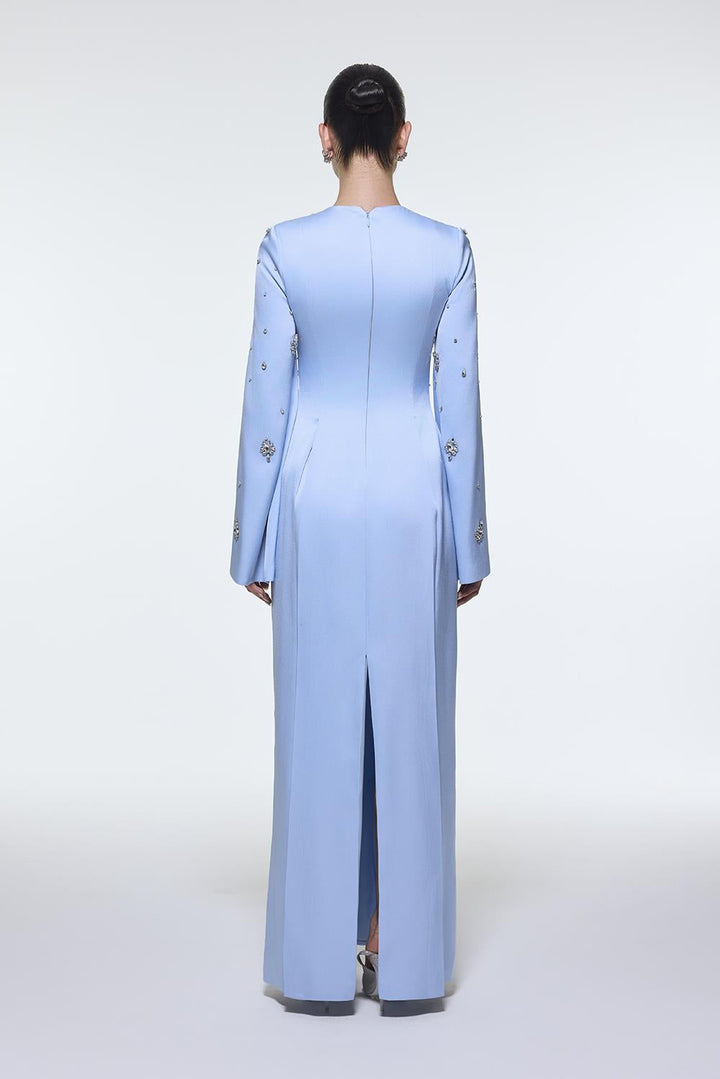 long-sleeve column gown with scattered crystal embellishments – NOIRÉ