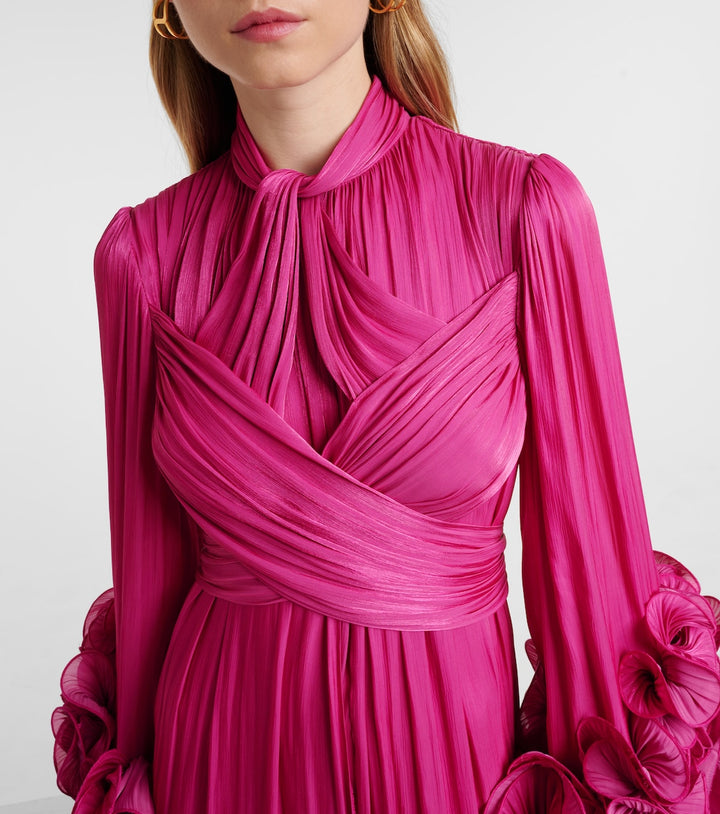 pleated chiffon midi dress with floral cuffs – FUCHSIA