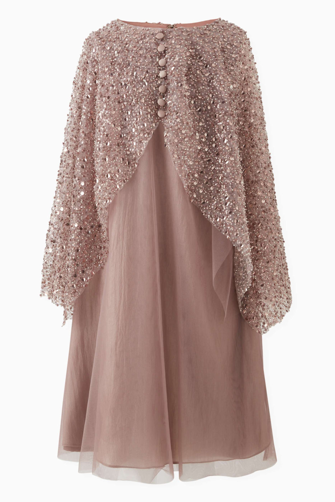 Beaded Cape Overlay Midi Dress with Button Back – ROSE