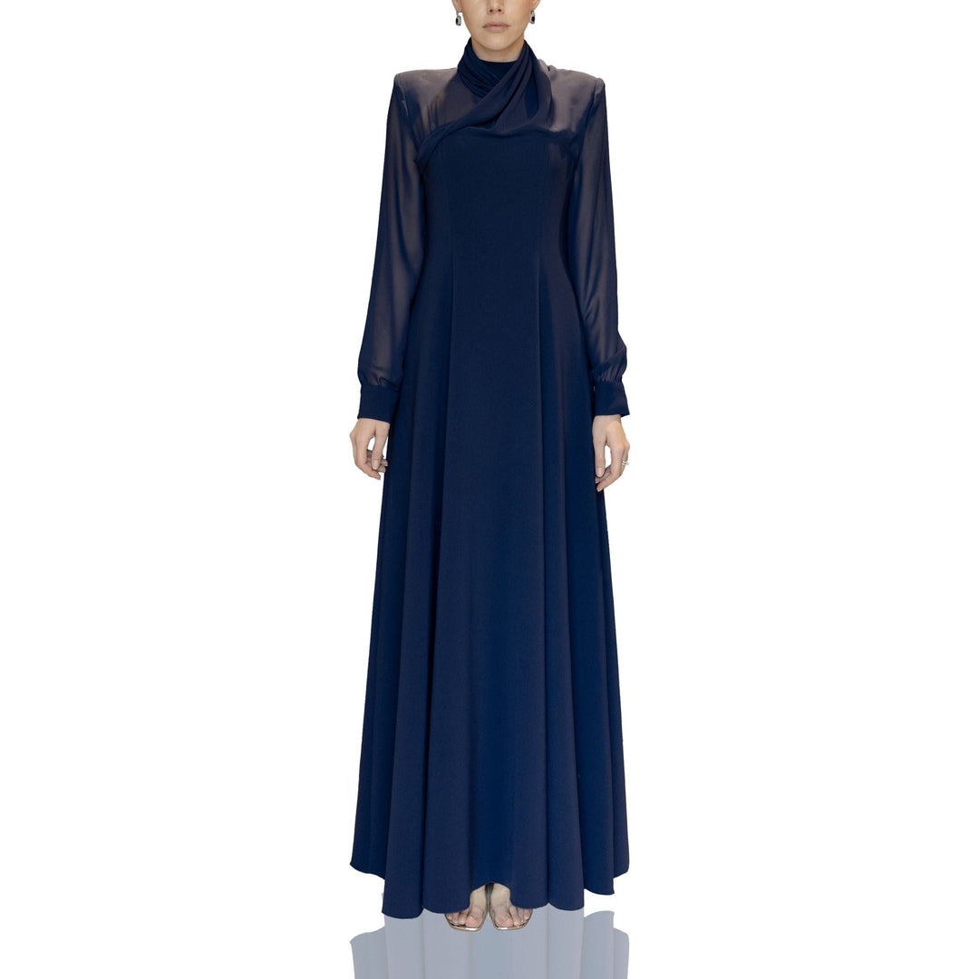long-sleeve chiffon-draped gown with high neckline – AMARA