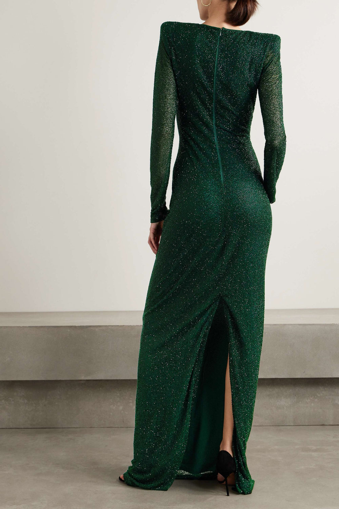 فستان لامع بأكمام طويلة وأكتاف منظمة - إيميرالد
