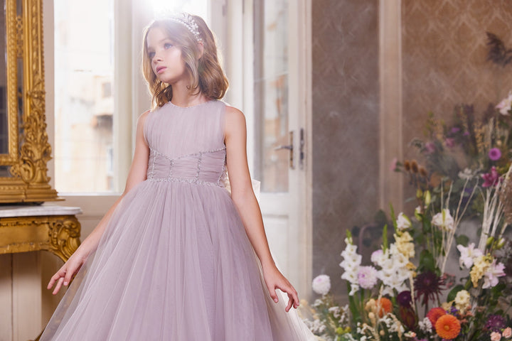 Sleeveless Layered Tulle Ball Gown with Beaded Waist – ELYSIA