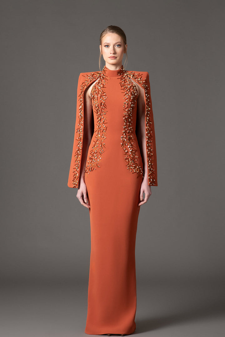 high-neck embellished column gown with sculpted sleeves – SOLARA