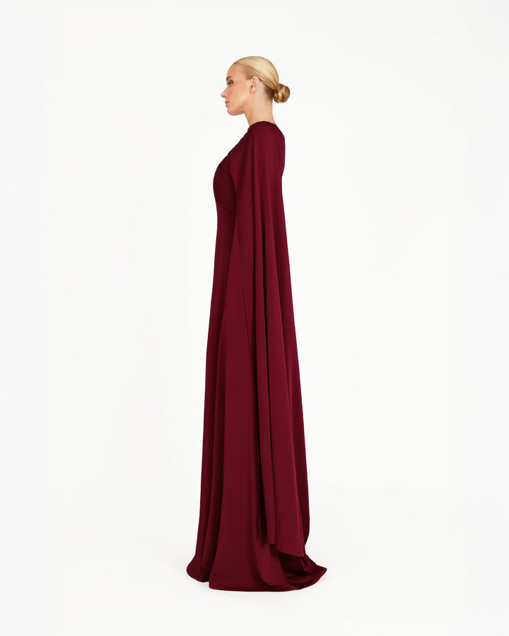 long cape-sleeve column gown with draped neckline – VALENTINA