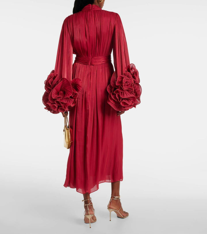 pleated chiffon midi dress with floral cuffs – FUCHSIA