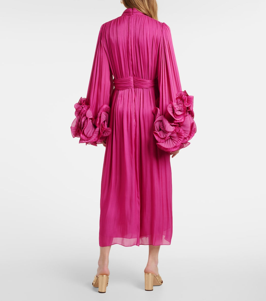 pleated chiffon midi dress with floral cuffs – FUCHSIA