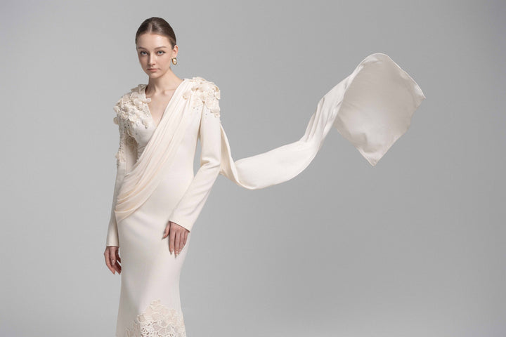 draped lace-embellished gown with floral shoulders – ELARIS