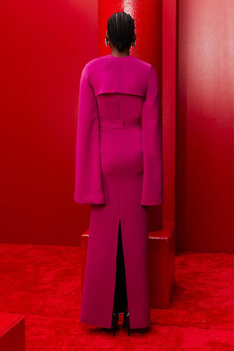 فستان غير متماثل بكتف واحد وأكمام على شكل كيب – الفوشيا