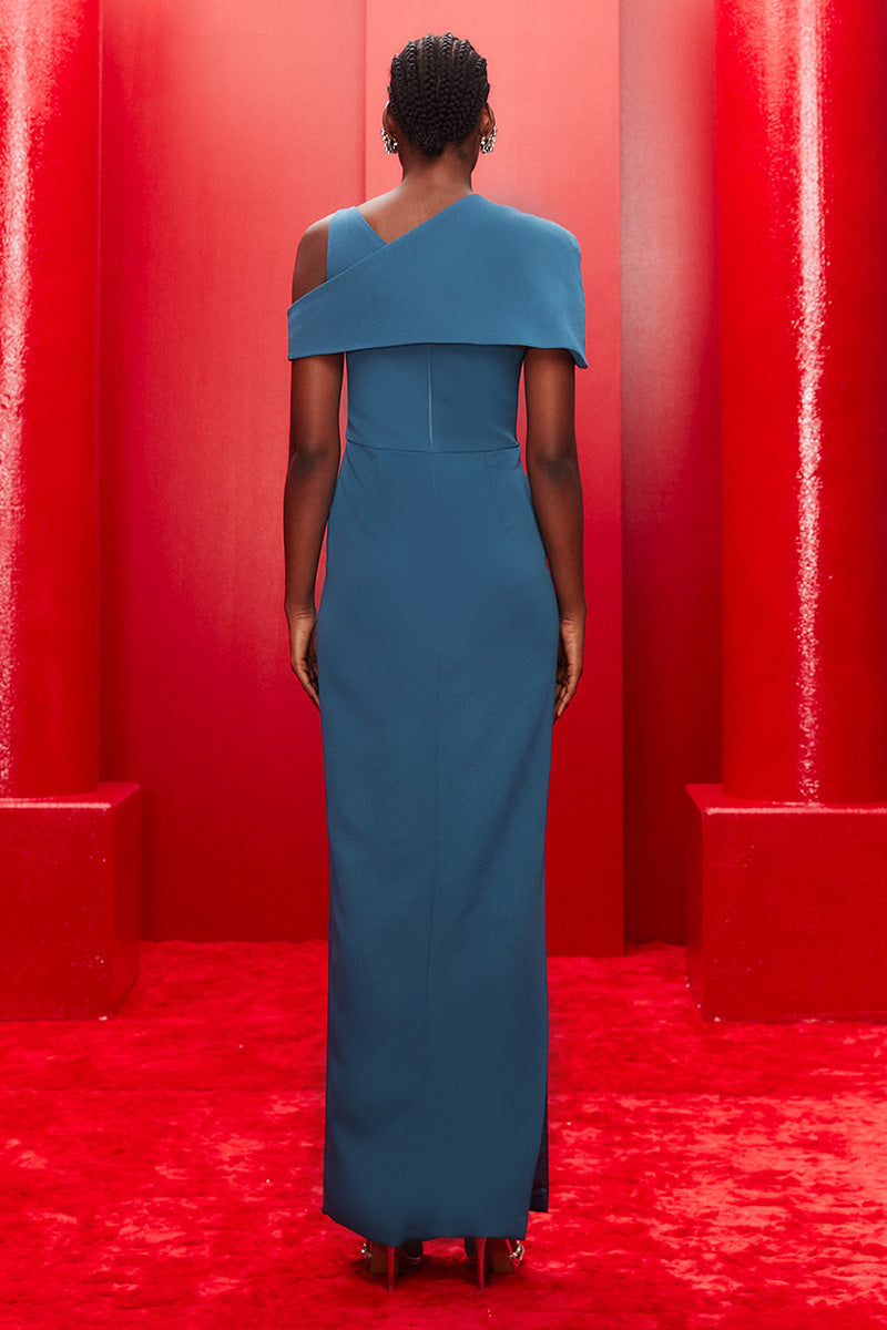 فستان عمودي بكتف واحد مع طبقة من الكاب المزخرف – أزوريه