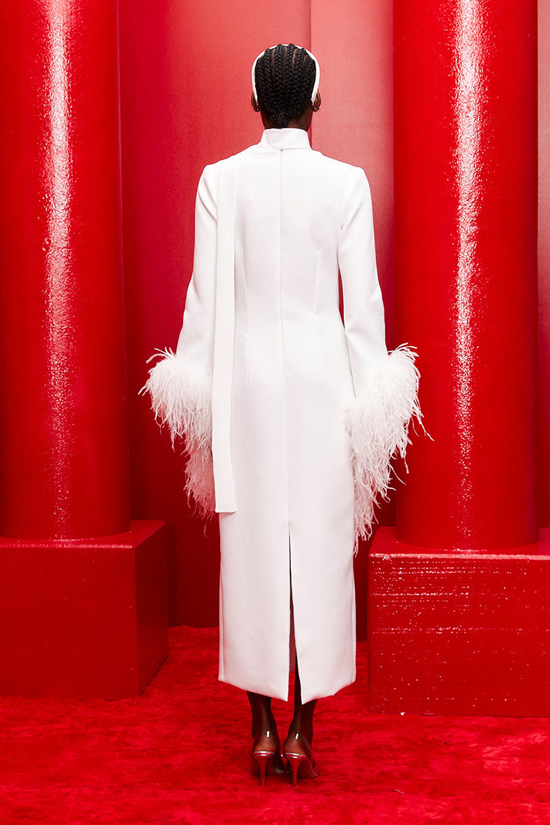 فستان متوسط ​​الطول برقبة عالية وأكمام من الريش – عاجي