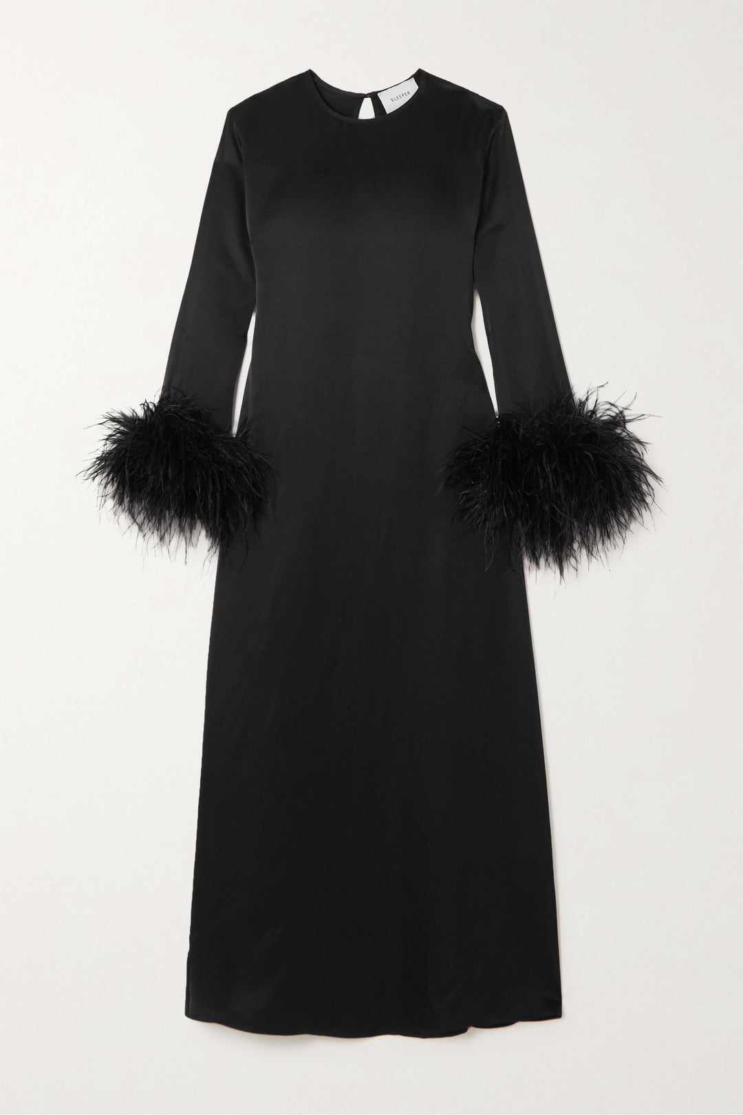 فستان ساتان متوسط ​​الطول مع أكمام من الريش – نوير بلوم