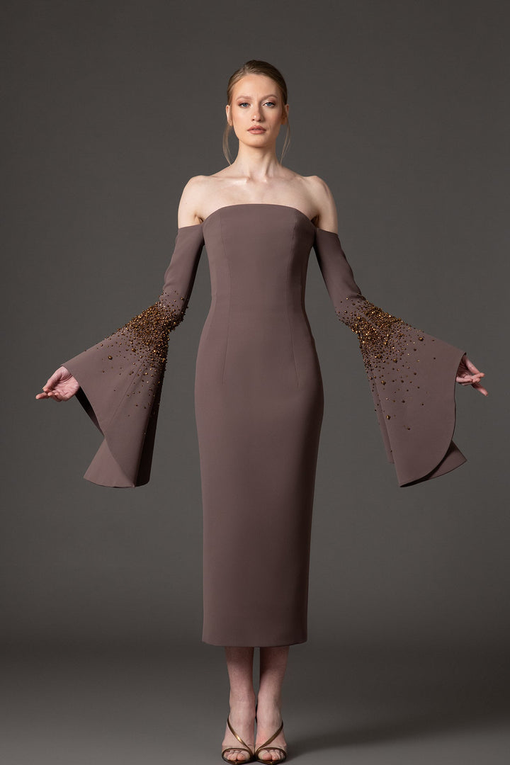off-shoulder column dress with embellished flared sleeves – AMBRÉA