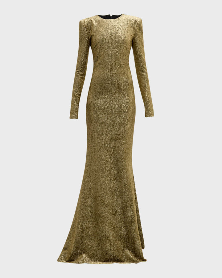 metallic long-sleeve gown with flared hem – AURORA