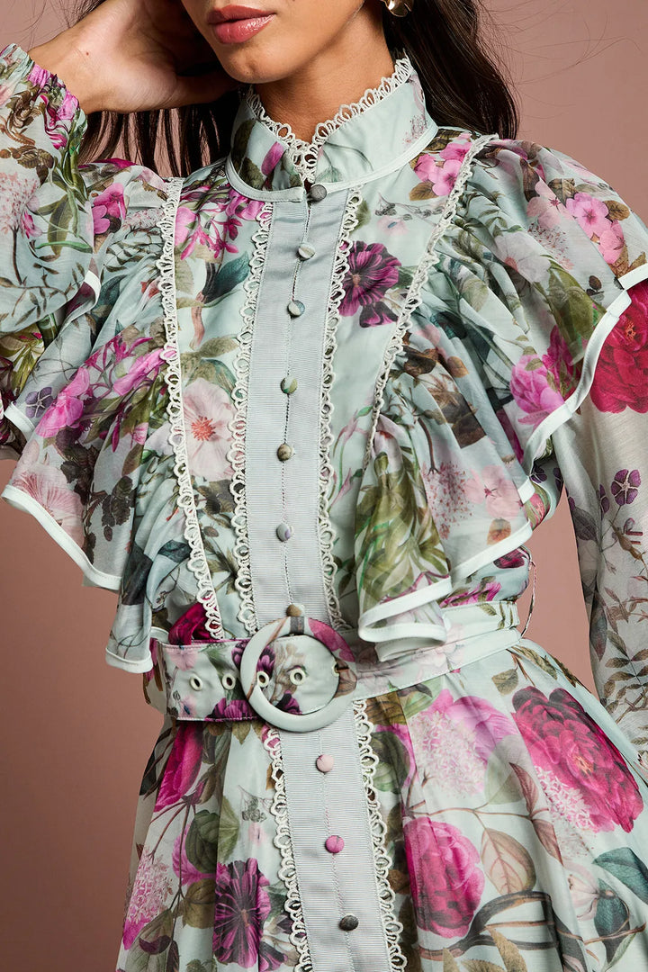 Geplooide top met uitlopende mouwen en maxi-rok set met tailleband – Rosiny 