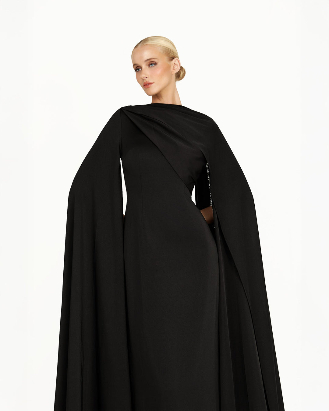 cape-sleeve column gown with pearl trim – NOIRELLE
