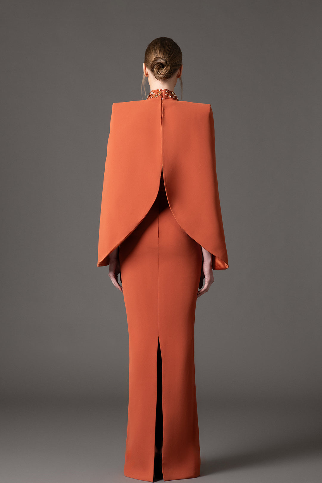 high-neck embellished column gown with sculpted sleeves – SOLARA