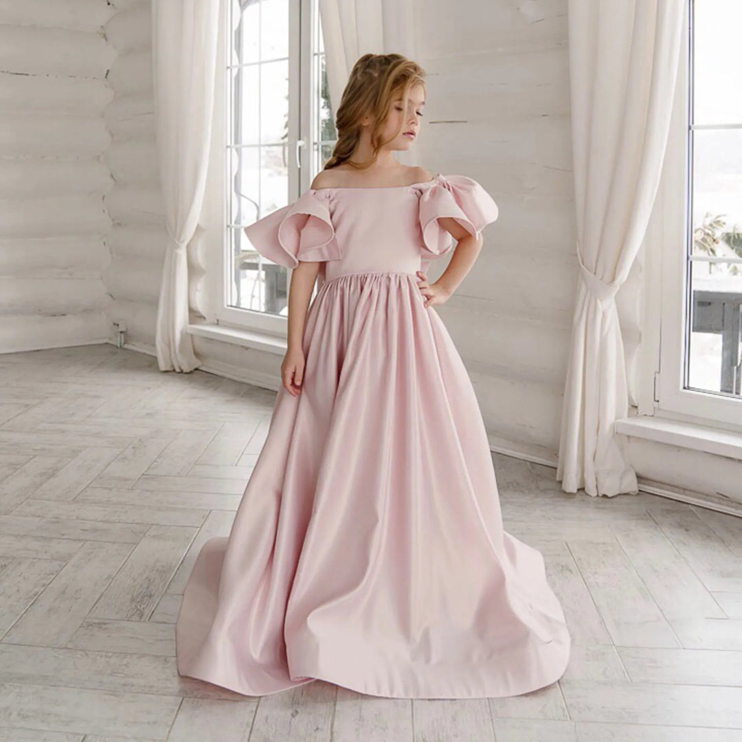 Off-Shoulder Satin Gown with Sculpted Petal Sleeves – ELYSÉE