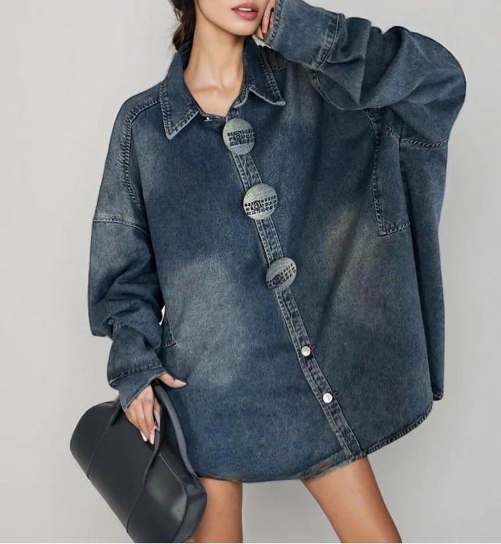 oversized denim shirt with statement round buttons – LEXA
