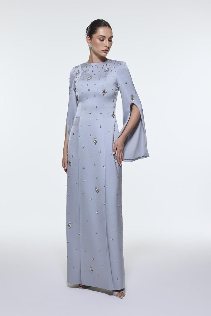 long-sleeve column gown with scattered crystal embellishments – NOIRÉ