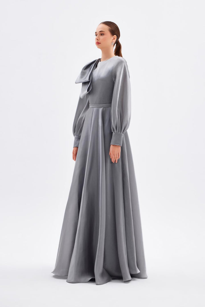 long-sleeve satin gown with sculpted shoulder bow – FUCHSIAE