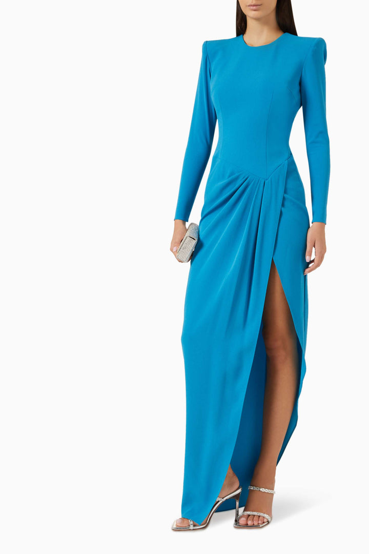 long-sleeve draped slit gown – AZURED