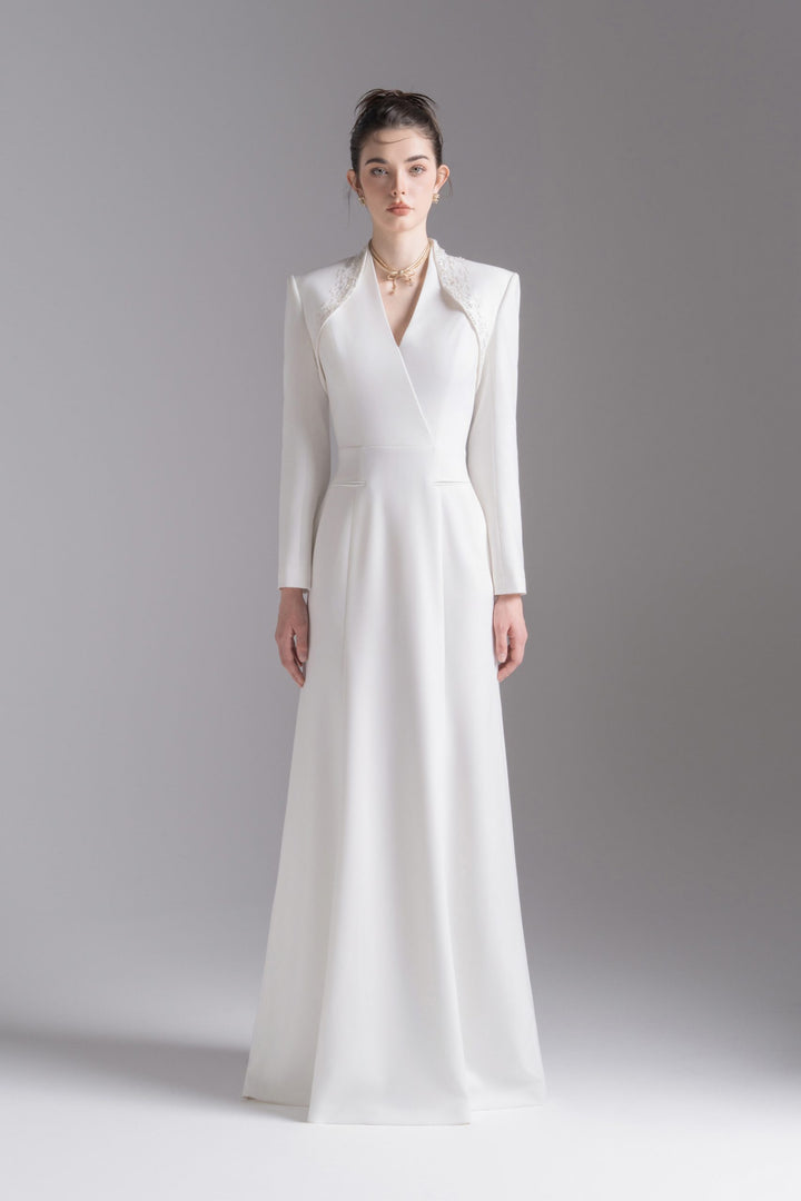 tailored long-sleeve gown with structured shoulders – ESMÉE