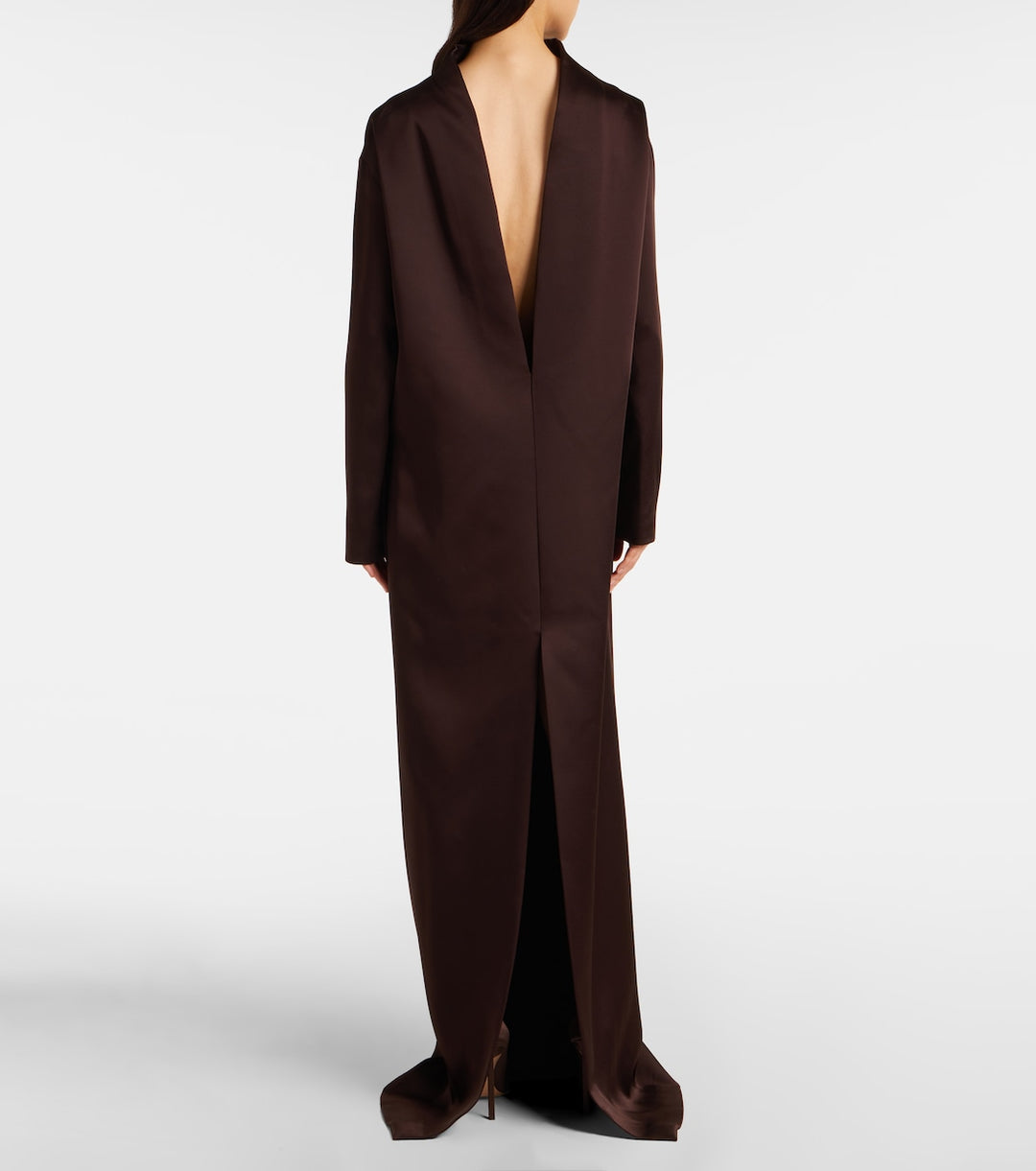 High-neck satin column gown with long sleeves – VERDANA