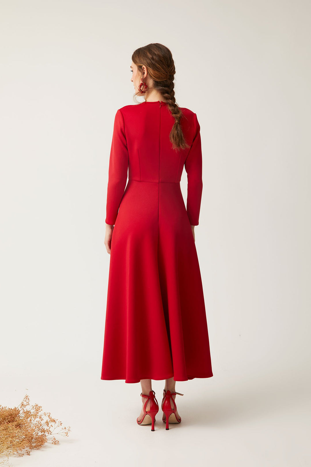 long-sleeve midi dress with bow accents – VERENA