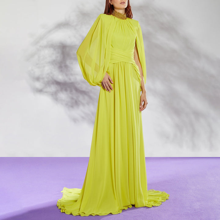 draped chiffon gown with embellished high neckline – SOLANA