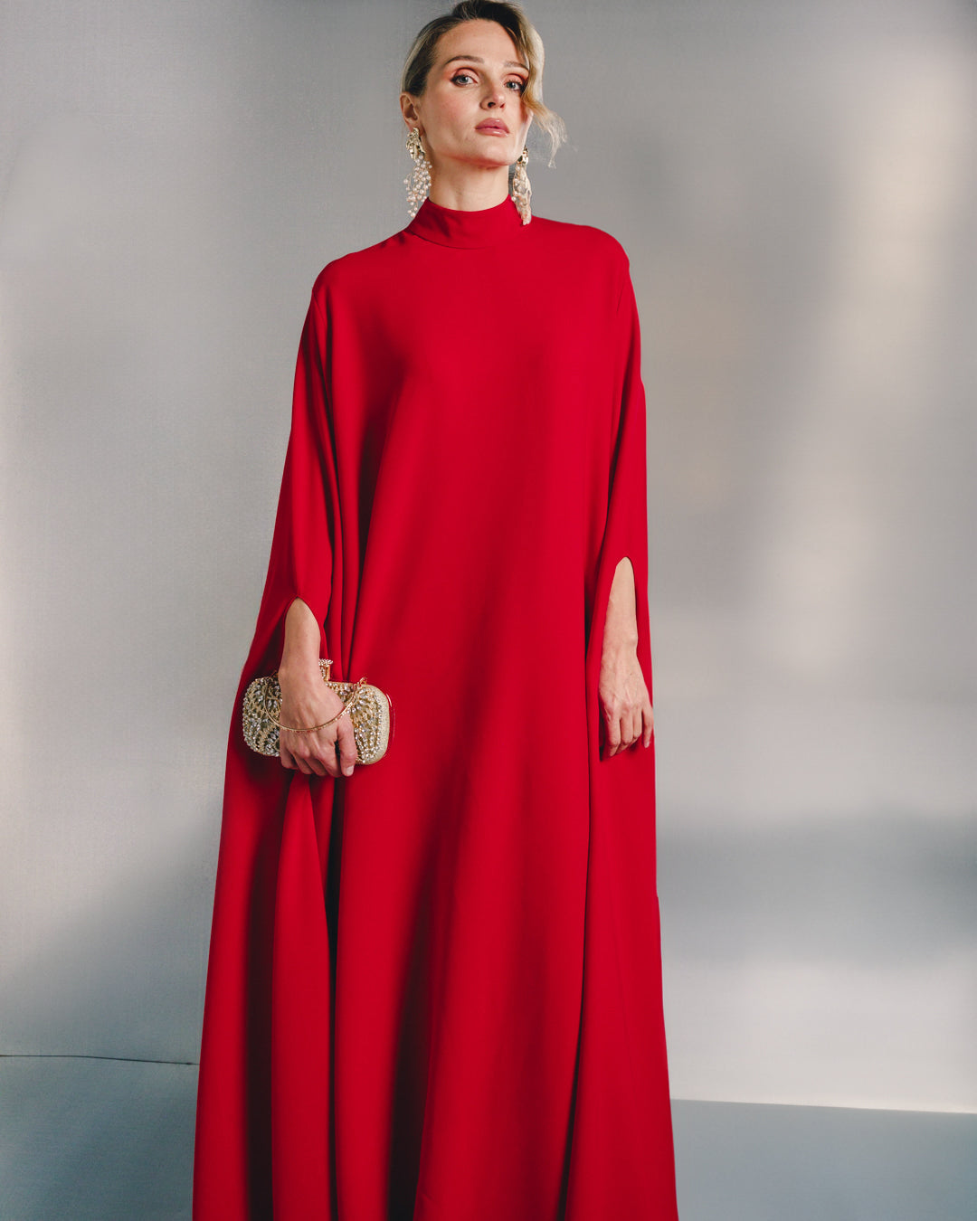 high-neck cape sleeve maxi gown – AMETHYST