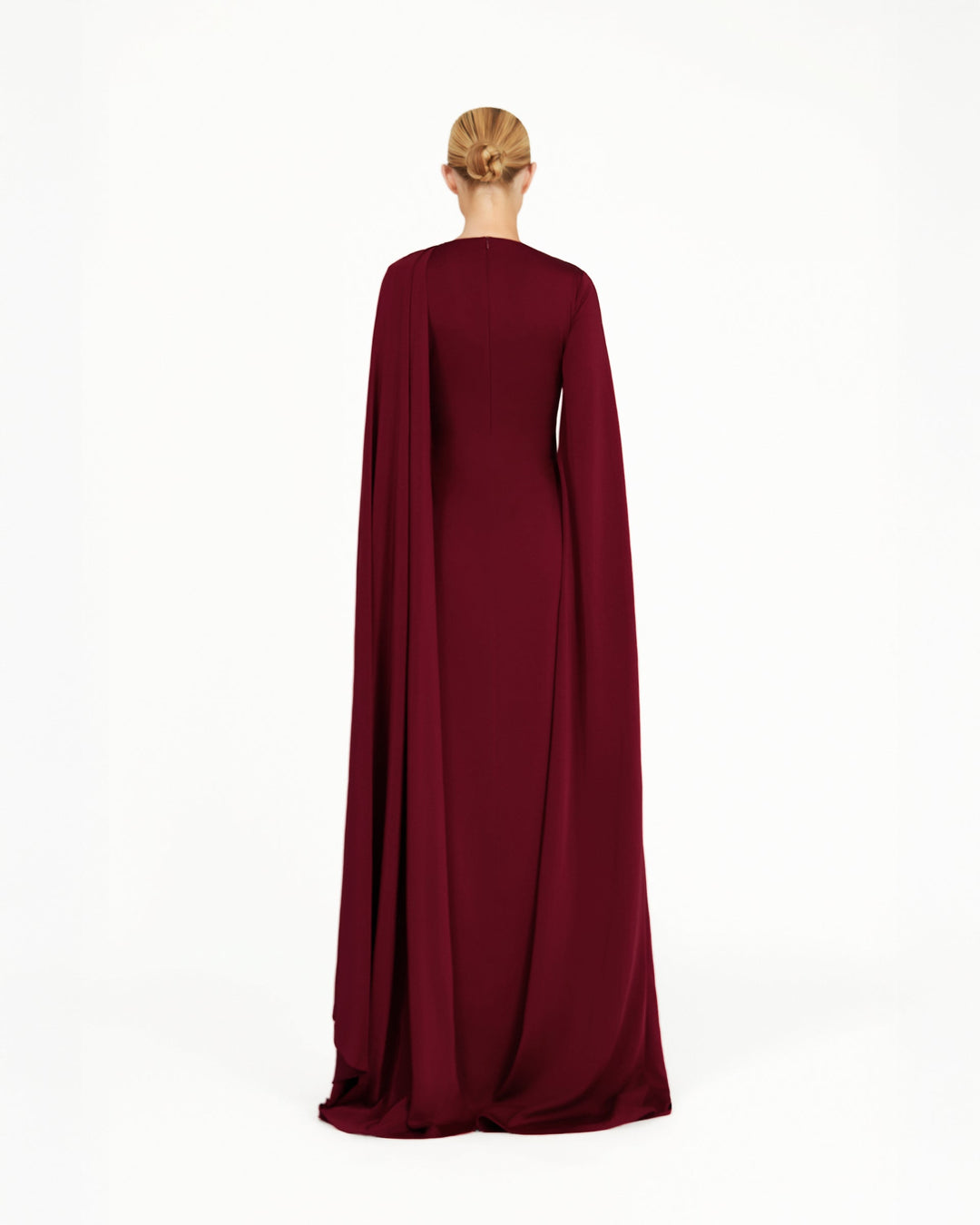 long cape-sleeve column gown with draped neckline – VALENTINA