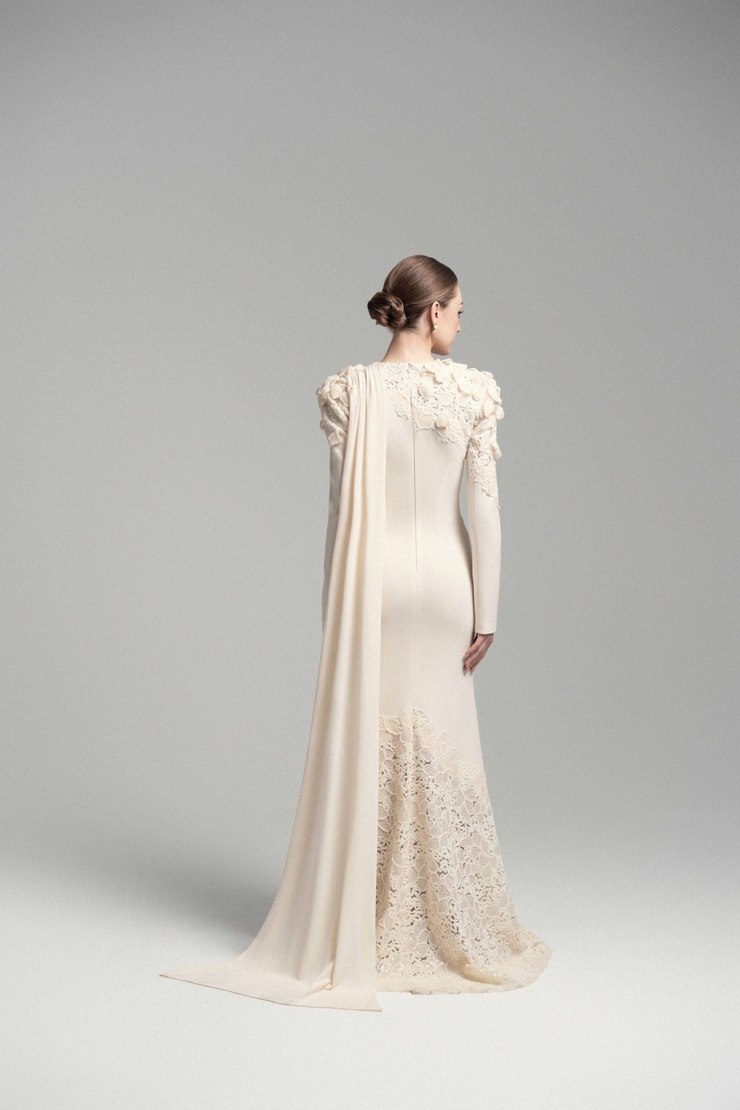 draped lace-embellished gown with floral shoulders – ELARIS