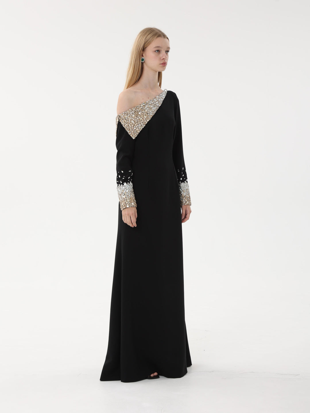 one-shoulder gown with crystal embellished cape sleeve – AURORA