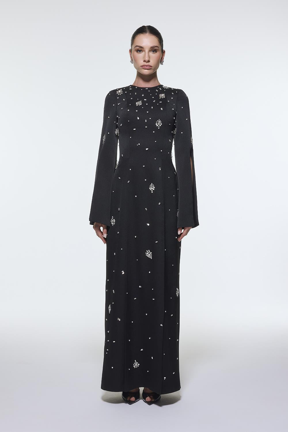 long-sleeve column gown with scattered crystal embellishments – NOIRÉ