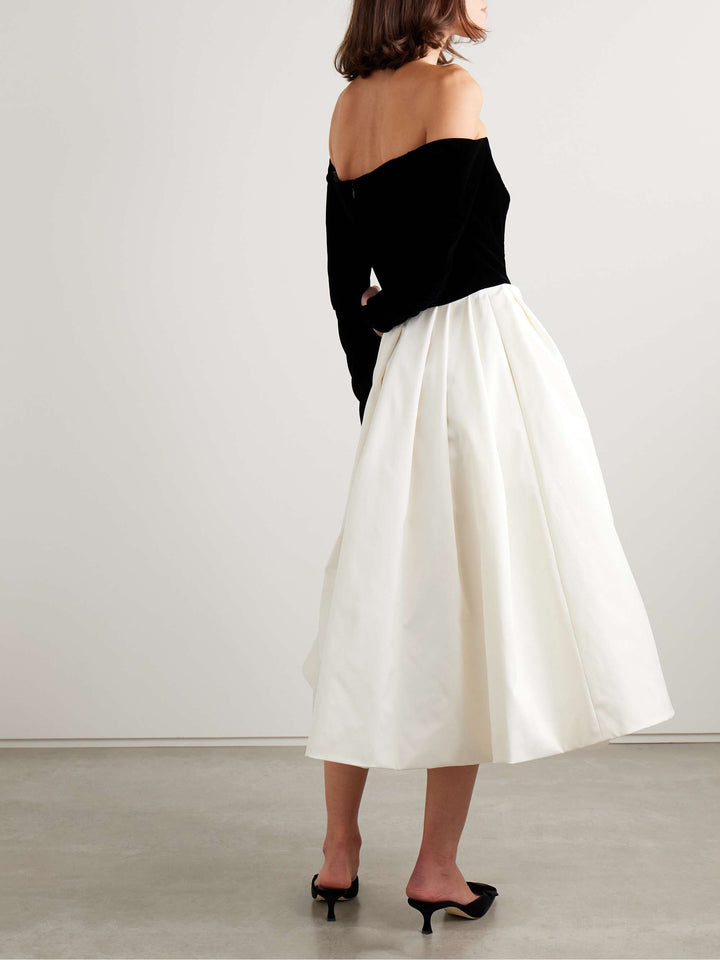 off-shoulder velvet top dress with satin pleated skirt – NOIR BLUE