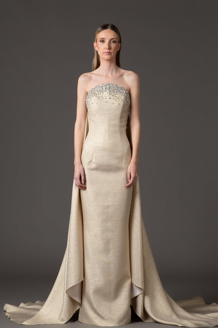strapless crystal-embellished column gown with flowing train – LUMIÈRE