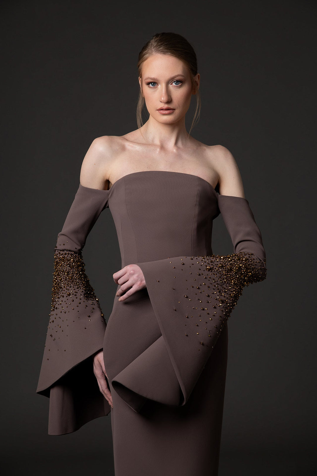 off-shoulder column dress with embellished flared sleeves – AMBRÉA