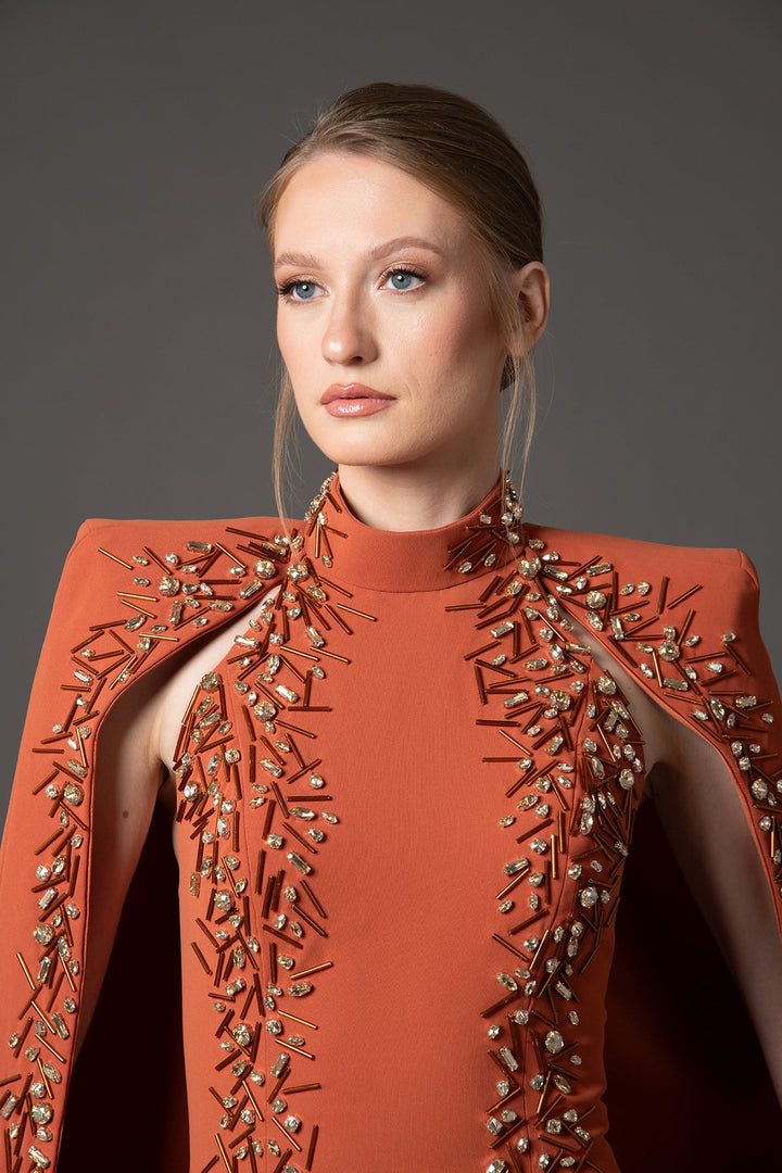 high-neck embellished column gown with sculpted sleeves – SOLARA