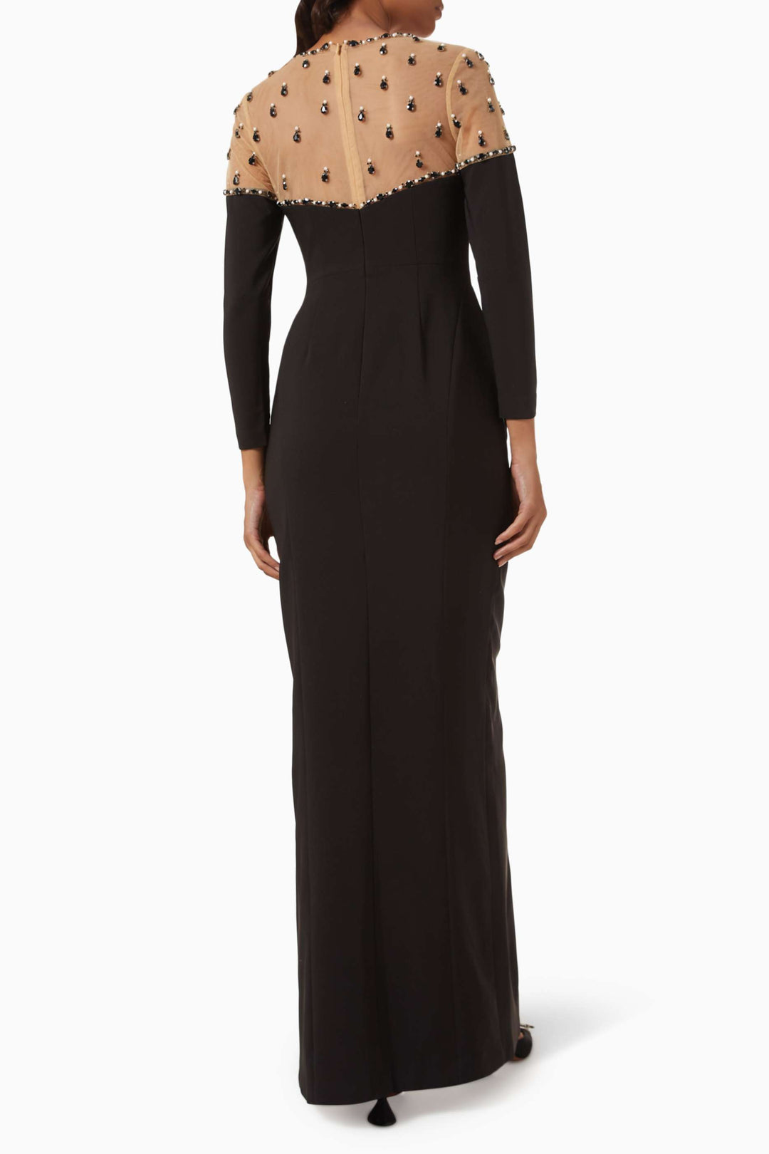 long-sleeve gown with embellished sheer yoke – NOIR